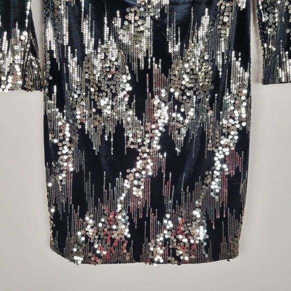 Eliza J Size 2 Sequin Velvet Shift Mini Dress 3/4 Sleeve Party Black Gold - Picture 6 of 12